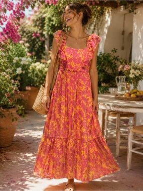 Robert Louis pink and orange ruffle maxi size M